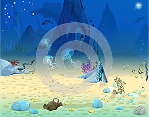 Blue seabed with marine inhabitants