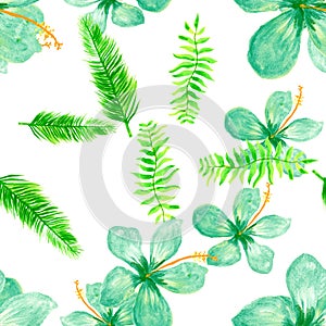 Blue Seamless Design. White Pattern Exotic. Natural Tropical Exotic. Green Flower Hibiscus. Organic Drawing Hibiscus.