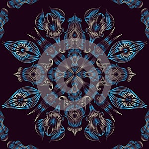 Blue seamless oriental floral lace pattern peacock feathers