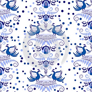 Blue seamless pattern with birds in the style of ethnic cobalt painting on porcelain. Floral tiled background for wallpaper,