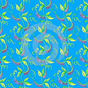 Blue seamless pattern with climbing plants