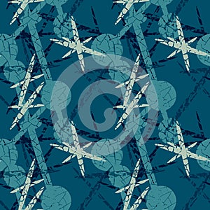 Blue seamless pattern with connected circles and dashes