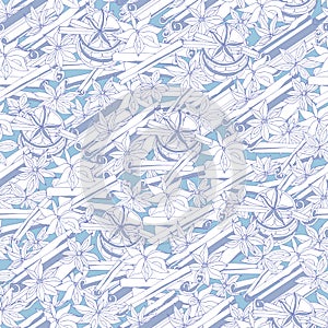 Blue seamless pattern with a contour white spices. Cinnamon sticks, anise stars and orange slices. Vecton sketch