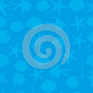 Blue seamless pattern with light blue silhouettes of fishes and starfishes and sea shells