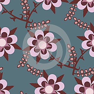 Blue seamless pattern with pink flowers
