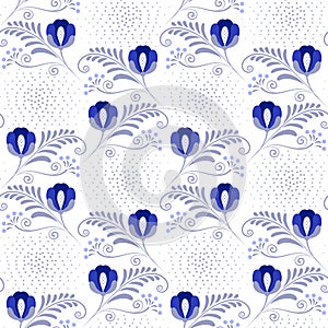 Blue seamless pattern with roses in the style of national cobalt painting on porcelain. Floral tiled background for wallpaper,