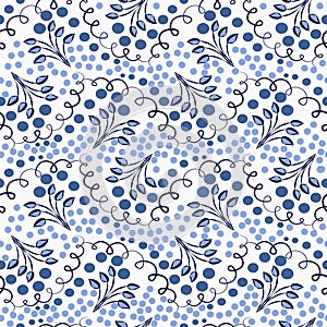 Blue seamless pattern with twigs and dots in the style of classic cobalt porcelain painting. Floral tiled background for wallpaper