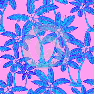Blue Seamless tropical palms pattern. Summer endless hand drawn vector pink background of palm trees can be used for wallpaper,