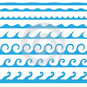 Blue seamless wave icon collection isolated on background.