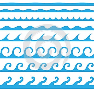 Blue seamless wave icon collection isolated on background. Modern simple flat sign. Sea, ocean conc