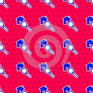 Blue Search house icon isolated seamless pattern on red background. Real estate symbol of a house under magnifying glass