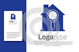 Blue Search house icon isolated on white background. Real estate symbol of a house under magnifying glass. Logo design