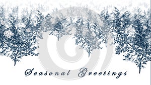 Blue seasonal greetings with trees and text on white