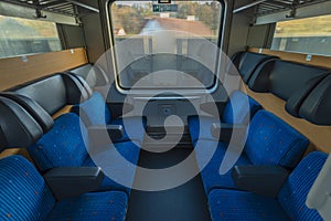 Blue seat compartment in fast expres train in Czech republic