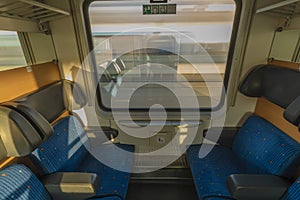 Blue seat compartment in fast expres train in Czech republic