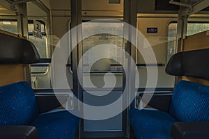 Blue seat compartment in fast expres train in Czech republic