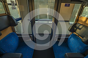 Blue seat compartment in fast expres train in Czech republic