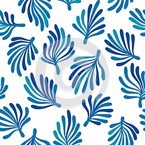 Blue seaweed on white ocean flora seamless pattern, vector photo