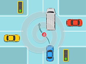 Blue sedan car is about to change the position on two lane road. No overtaking or do not pass on crossroads rule.