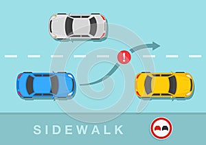 Blue sedan car is about to change the position on two lane road. No overtaking or do not pass road or traffic sign rule.