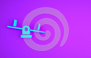 Blue Seesaw icon isolated on purple background. Teeter equal board. Playground symbol. Minimalism concept. 3d