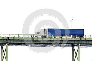 Blue Semi Truck Crossing Bridge Isolated on White