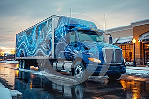 A blue semi truck is seen driving down a street on a sunny day, mockup