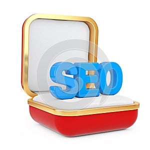 Blue SEO Sign Letters in the Red Gift Box. 3d Rendering