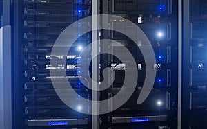 Blue server rack. Technology Concept supercomputer data