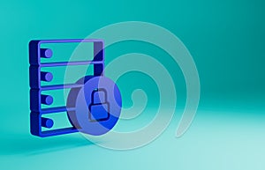 Blue Server security with closed padlock icon isolated on blue background. Database and lock. Security, safety