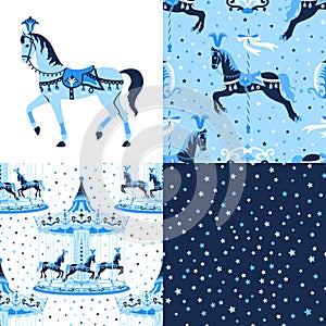 Blue set of carousel seamless patterns