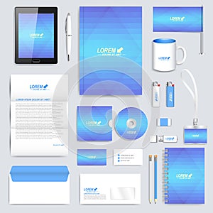 Blue set of vector corporate identity template. Modern business stationery mock-up. Background with light blue