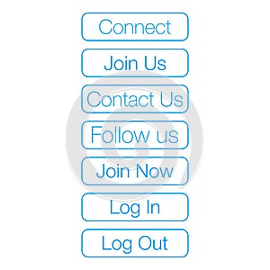 Blue set of web buttons for connect, join us, contact us, follow us, lof in and log out. Stock Vector illustration isolated on