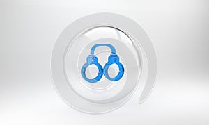 Blue Sexy fluffy handcuffs icon isolated on grey background. Fetish accessory. Sex shop stuff for sadist and masochist photo