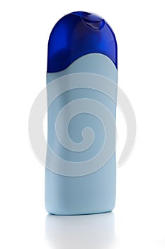 Blue shampoo bottle