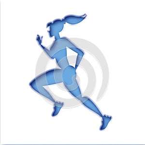 Blue shape young lady running. Happy fitness woman in paper cut style. Woman runner in silhouette on white background