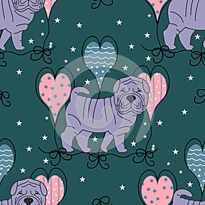 Blue Shar Pei puppies seamless pattern background with heart balloons. Cartoon dog puppy background. Hand drawn childish vector