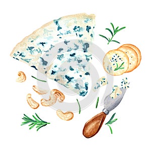 Blue sheese triangle, crecers, nuts, cheese knife and herbs composition. Watercolor food illustration isolated on white