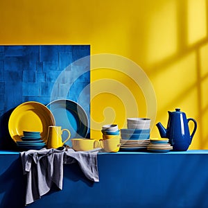 Blue shelf with plates, cups and teapot on yellow background