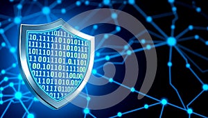 A blue shield with binary code on it in front of a blue network background representing cybersecurity