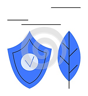 Blue shield with checkmark and leaf symbolizing protection, sustainability, and eco-friendly safety