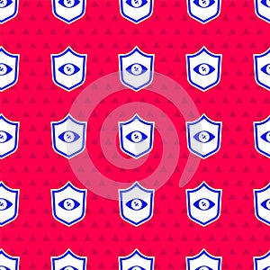 Blue Shield eye scan icon isolated seamless pattern on red background. Scanning eye. Security check symbol. Cyber eye