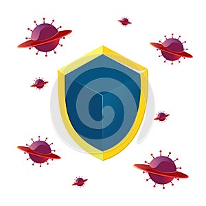 Blue shield with golden edge icon and virus cartoon