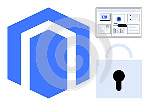 Blue shield with a secure lock and data interface symbolizing digital security and analytics
