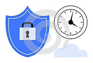 Security Shield with Lock, Analog Clock, and Cloud Representing Time and Data Protection