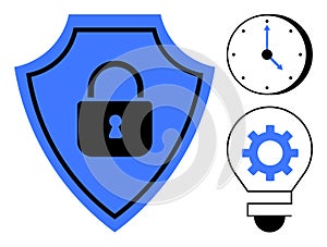 Shield with Lock, Clock, and Gear in Lightbulb Representing Security, Time, and Innovation