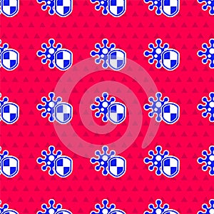 Blue Shield protecting from virus, germs and bacteria icon isolated seamless pattern on red background. Immune system