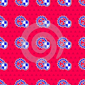 Blue Shield protecting from virus, germs and bacteria icon isolated seamless pattern on red background. Immune system
