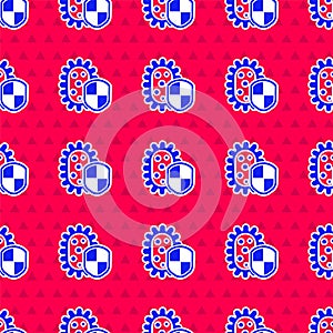 Blue Shield protecting from virus, germs and bacteria icon isolated seamless pattern on red background. Immune system