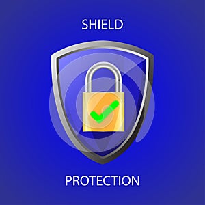 Blue shield protection icon. padlock with lock and green check. Security for online protection against cybercrime and hackers
